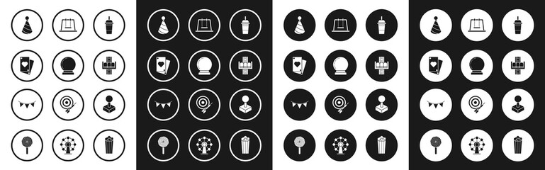 Fototapeta premium Set Paper glass with drinking straw and water, Magic ball, Playing card, Party hat, Attraction carousel, Swing, Joystick for arcade machine and Carnival garland flags icon. Vector