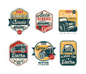 Auto Service and Repair Badges with Retro Car Vector Set