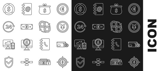 Set line Target with dollar symbol, Envelope coin, Coin money Yen, Wallet, Stacks paper cash, Clock 24 hours, and Gear and arrows workflow process concept icon. Vector