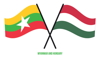 Myanmar and Hungary Flags Crossed And Waving Flat Style. Official Proportion. Correct Colors.