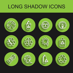 Set line Stop ocean plastic pollution, Earth globe and plant, Recycling bottle, Recycle symbol, Battery with recycle, Plastic bag and Solar energy panel icon. Vector