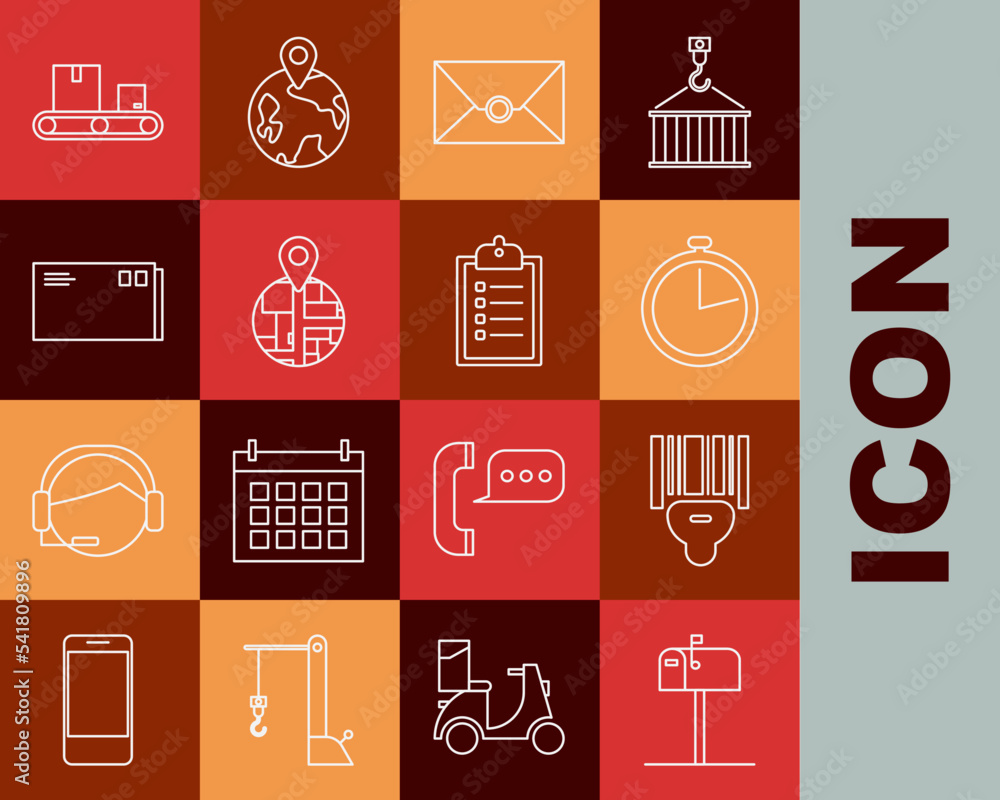 Poster set line open mail box, scanner scanning bar code, stopwatch, envelope, conveyor belt with cardboard
