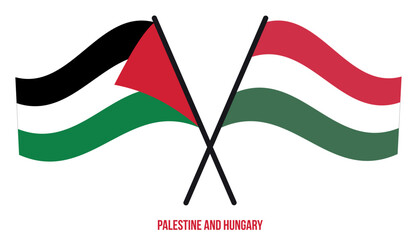 Palestine and Hungary Flags Crossed And Waving Flat Style. Official Proportion. Correct Colors.