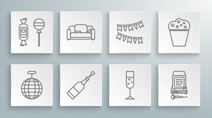 Set line Disco ball, Sofa, Champagne bottle, Glass champagne, Karaoke, Carnival garland with flags, Popcorn in cardboard box and Lollipop icon. Vector