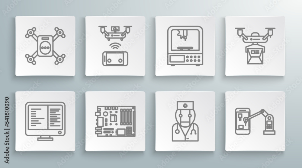 Poster set line computer monitor screen, robot doctor, industrial machine robotic robot arm hand, 3d printe
