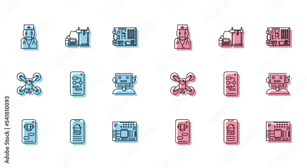 Poster set line bot, smart home, robot doctor, printed circuit board pcb, algorithm, drone flying with acti