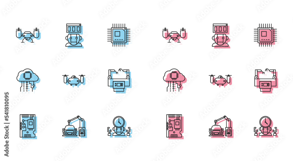 Poster set line electronic computer components motherboard digital chip, drone flying with action camera, r