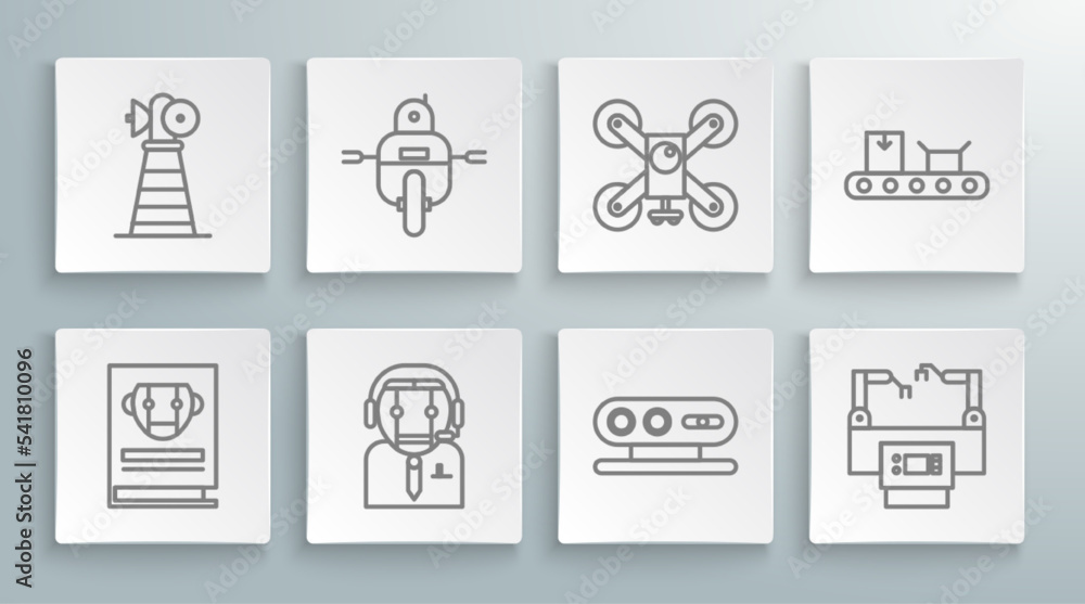 Poster set line user manual, robot, worker robot, 3d scanning system, assembly line, drone flying with acti