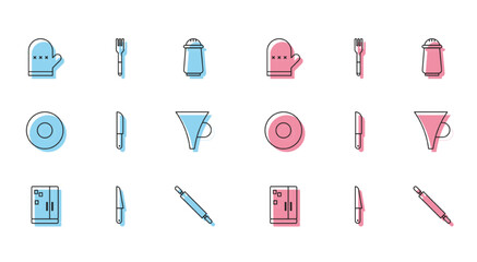 Set line Refrigerator, Knife, Oven glove, Rolling pin, Funnel filter, Plate and Fork icon. Vector