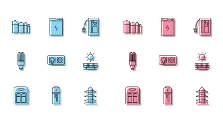 Set line Battery in pack, High voltage power pole line, Electrical outlet, Solar energy panel and sun, LED light bulb and Power bank icon. Vector