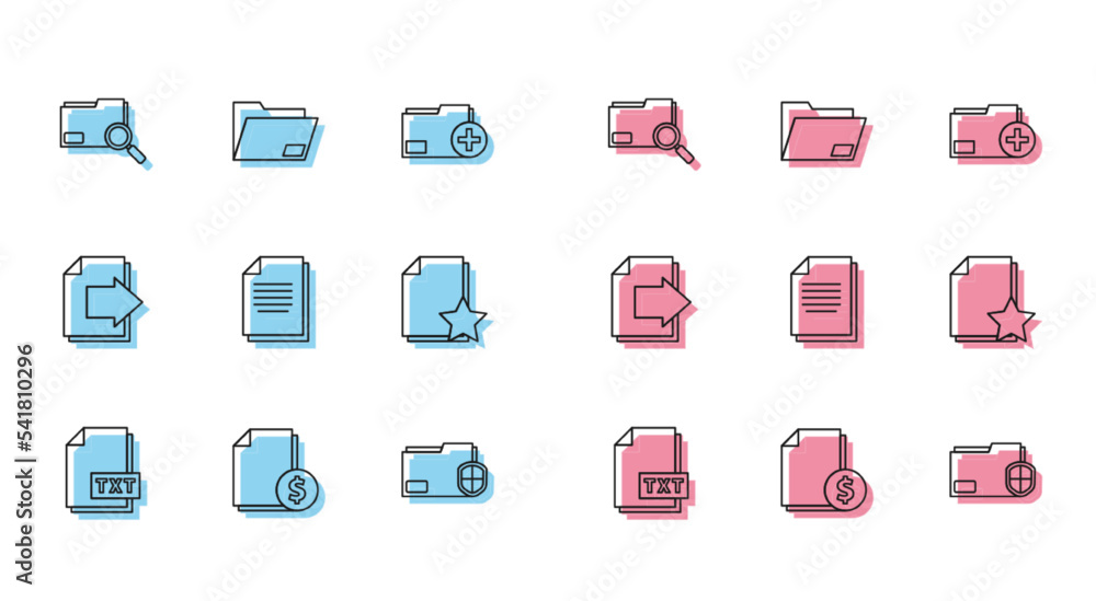 Poster set line txt file document, finance, search concept with folder, document protection, star, next pag