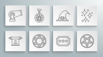 Set line Magic scroll, Unicycle or one wheel bicycle, Star of David, Ticket, Pentagram in circle, Witch hat, Sparkle stars with magical glitter and Cannon icon. Vector © Oksana