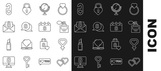 Set line Two Linked Hearts, Female gender symbol, Perfume, Round makeup mirror, 8 March speech bubble, Envelope with, Please do not disturb heart and Calendar icon. Vector