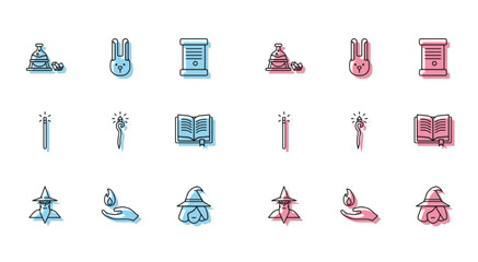 Set line Wizard warlock, Hand holding fire, Witch cauldron magic stone, Magic staff, Ancient book, wand and Rabbit with ears icon. Vector