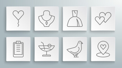 Set line Clipboard with checklist, Necklace on mannequin, Cocktail, Dove, Location heart, Woman dress, Heart and Balloon form of icon. Vector