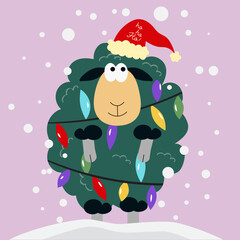 Sheep with a Santa hat and Christmas tree lights