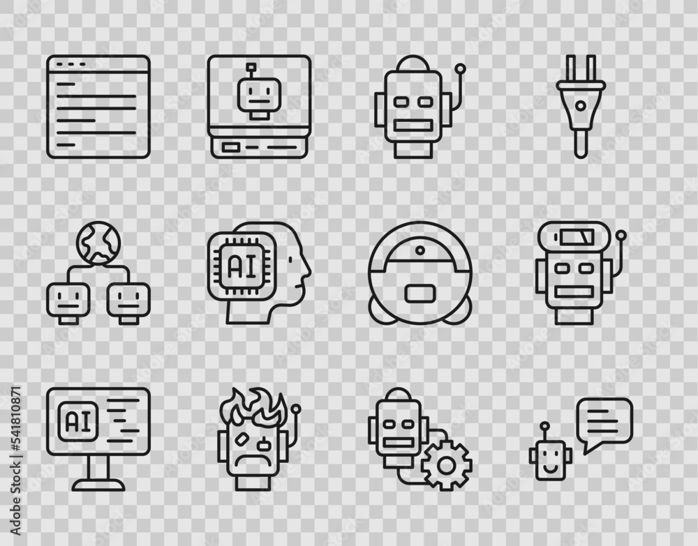 Poster set line software, bot, robot, burned out, computer api interface, humanoid robot, setting and low b