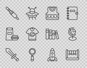 Set line Sword for game, Pendulum, Waistcoat, Magnifying glass, Audio jack, T-shirt, Rocket ship and Earth globe icon. Vector