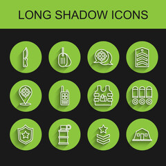 Set line Military reward medal, Hand smoke grenade, knife, rank, barracks, Walkie talkie, Bullet and Bulletproof vest icon. Vector