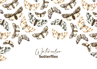 Template with illustrated brown butterflies. Hand drawn watercolor moth. Design for packaging, label, stationery and card. Flying insects.