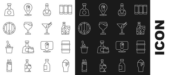 Set line Glass of beer, Metal keg, Beer bottle and glass, Bottle cognac or brandy, Wine, Wooden barrel, Tequila and Martini icon. Vector