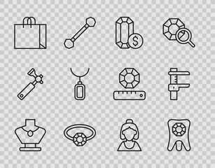 Set line Necklace on mannequin, Jewelry online shopping, Diamond engagement ring, Shopping bag jewelry, Pendant necklace, Consultant of store and Calliper caliper and scale icon. Vector