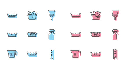 Set line Measuring cup, Temperature wash, Clothes pin, Water spray bottle, and Basin with soap suds icon. Vector