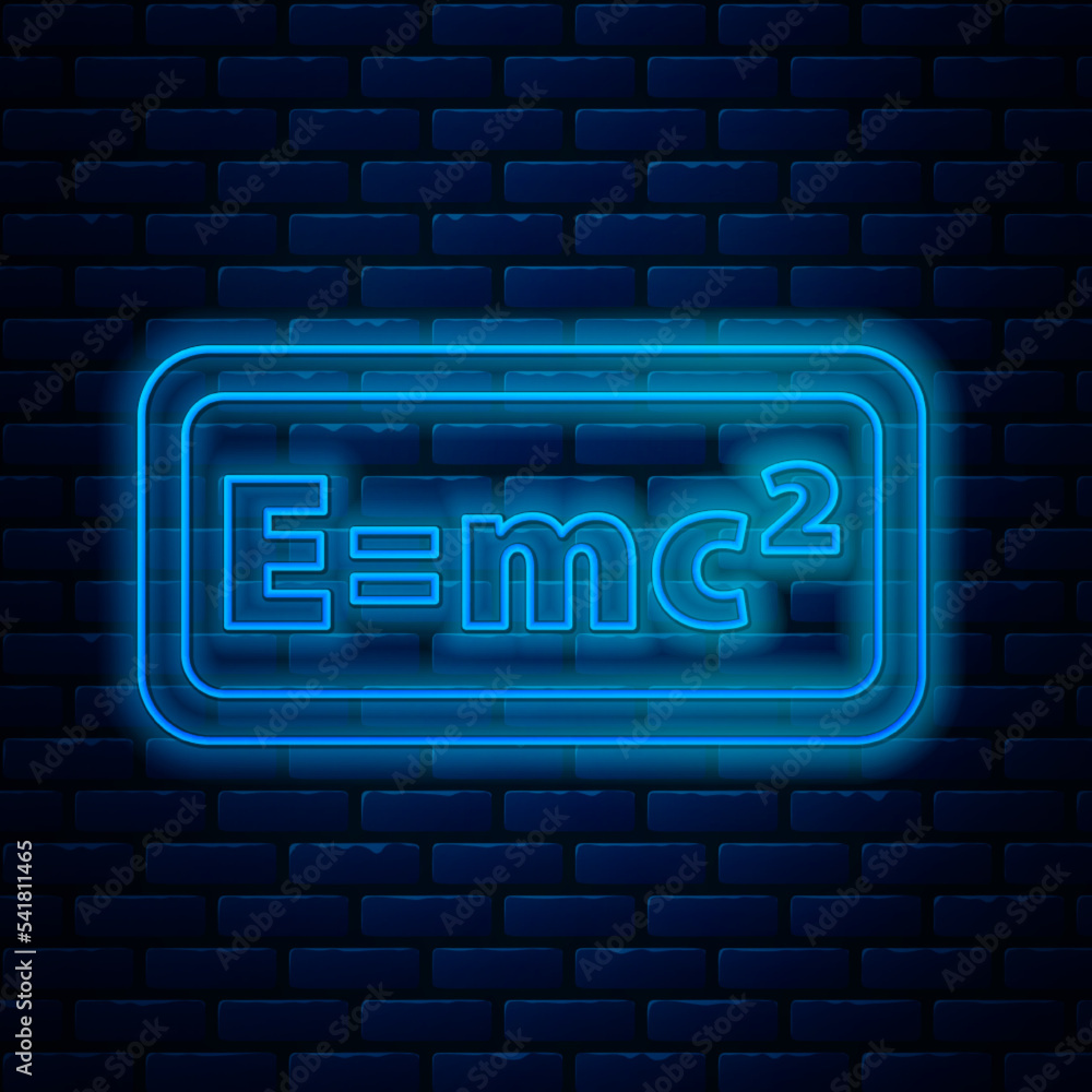 Poster glowing neon line math system of equation solution icon isolated on brick wall background. e equals 