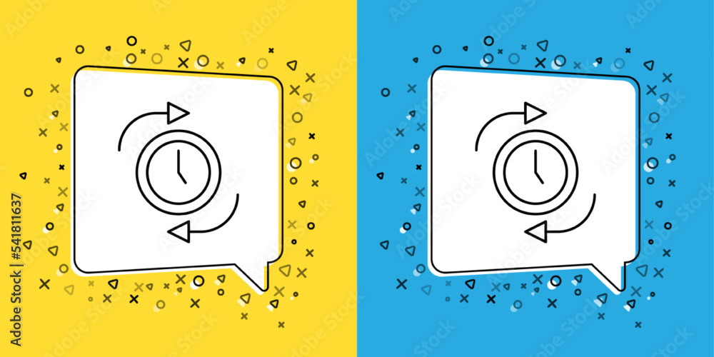 Poster set line clock with arrow icon isolated on yellow and blue background. time symbol. clockwise rotati