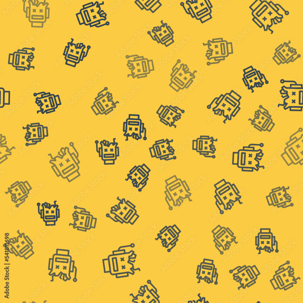 Poster blue line broken robot icon isolated seamless pattern on yellow background. artificial intelligence,