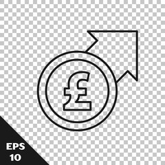 Black line Financial growth and pound sterling coin icon isolated on transparent background. Increasing revenue. Vector