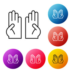 Black line Rubber gloves icon isolated on white background. Latex hand protection sign. Housework cleaning equipment symbol. Set icons colorful circle buttons. Vector