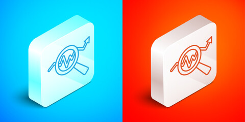 Isometric line Magnifying glass and data analysis icon isolated on blue and red background. Search sign. Silver square button. Vector