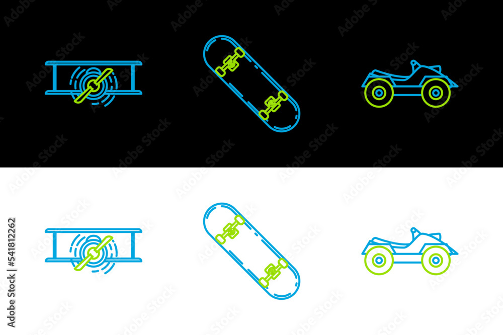 Canvas Prints set line all terrain vehicle or atv motorcycle, old retro vintage plane and skateboard icon. vector