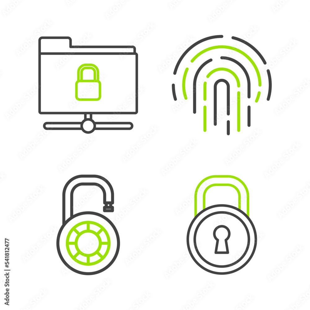 Sticker Set line Lock, Safe combination lock wheel, Fingerprint and FTP folder and icon. Vector