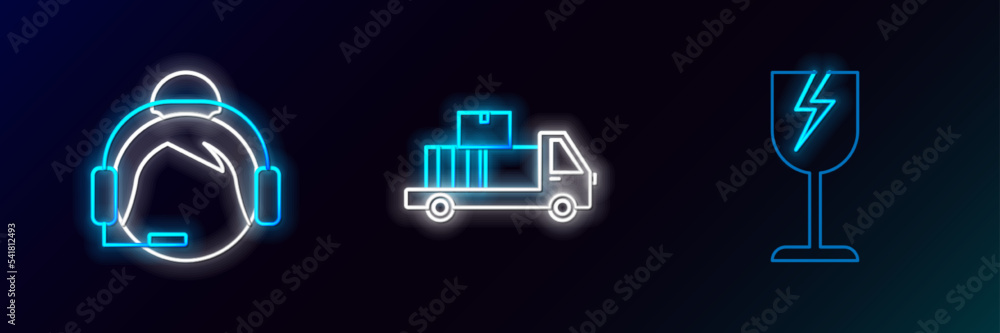 Poster set line fragile broken glass symbol, support operator in touch and delivery truck with cardboard bo