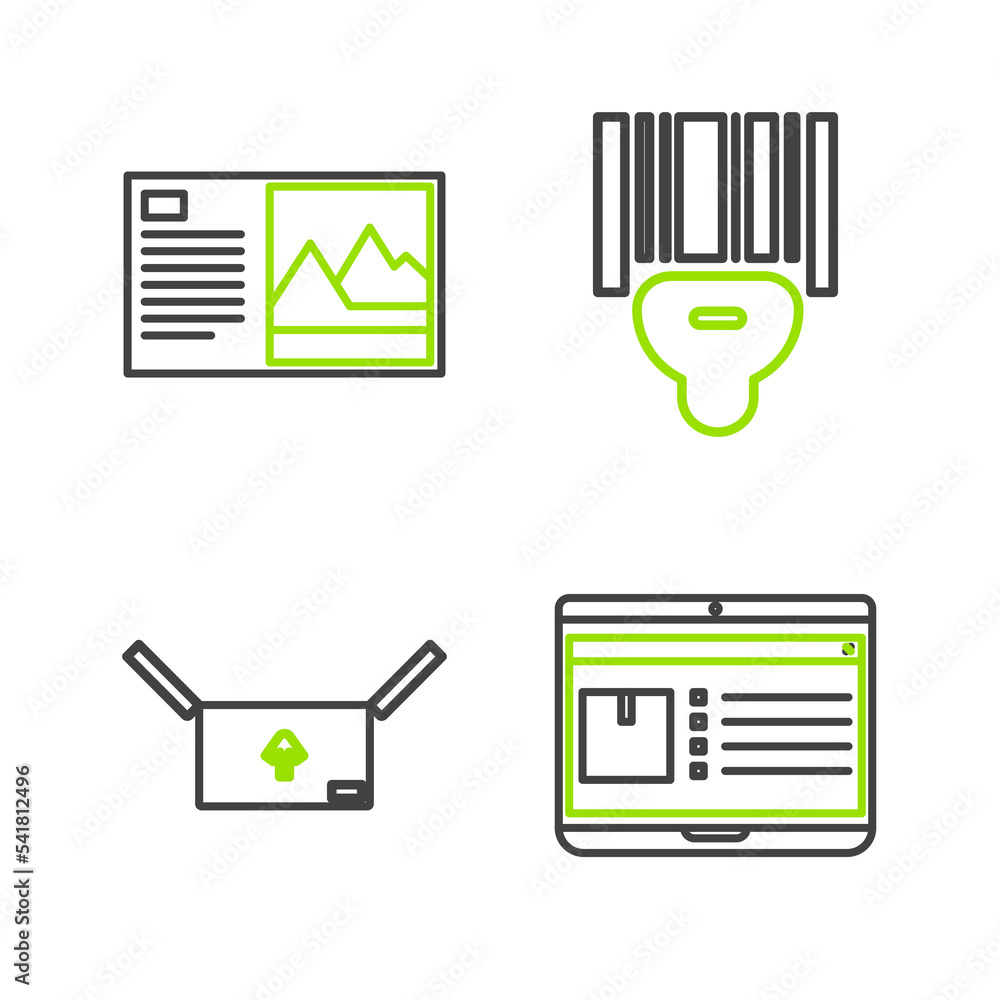 Poster set line laptop with app delivery tracking, cardboard box traffic symbol, scanner scanning bar code 