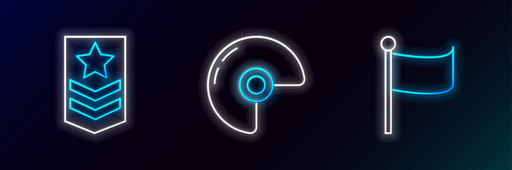 Set line Flag, Chevron and Military helmet icon. Glowing neon. Vector