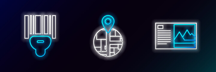 Set line Postcard, Scanner scanning bar code and icon. Glowing neon. Vector