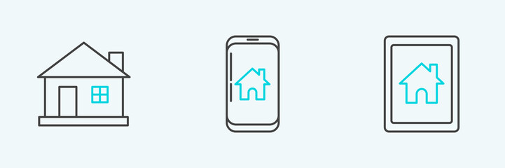 Set line Tablet and smart home, House and Mobile phone with icon. Vector