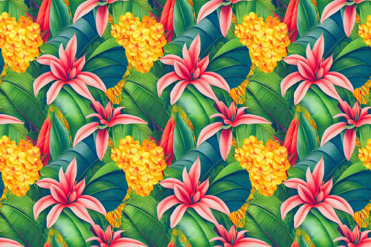 Exotic jungle full of large flowers and fruits. Seamless floral background. Repeat pattern for fabrics, wallpapers, wrappers, greeting cards, wedding invitations, banners, web. Digital art © Katynn