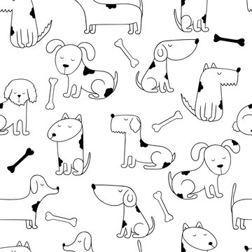 Dogs seamless pattern. Hand drawn different dogs. Hand drawn vector illustration in doodle style on white background