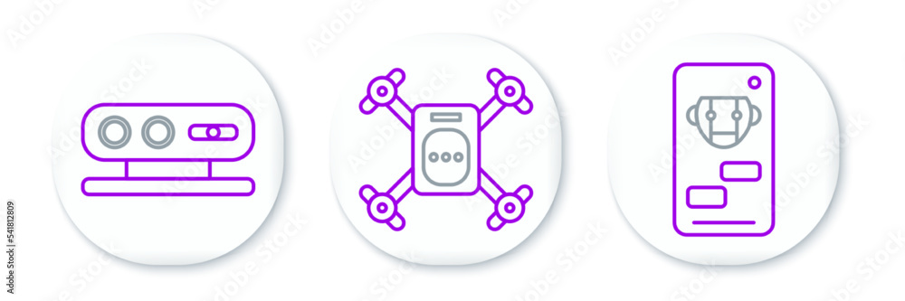 Poster set line bot, 3d scanning system and drone flying with action camera icon. vector