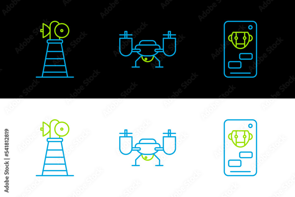 Poster set line bot, antenna and drone flying with action camera icon. vector