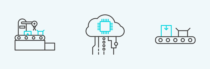 Set line Conveyor belt with cardboard box, Factory conveyor system and Internet of things icon. Vector