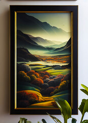 Landscape painting, framed on the wall. Mountains. 