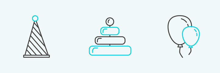 Set line Balloons with ribbon, Party hat and Pyramid toy icon. Vector