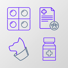 Set line Dog medicine bottle and pills, Cat, Clipboard with medical clinical record pet and icon. Vector