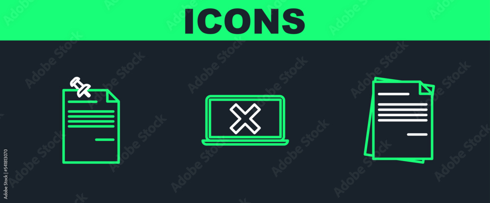 Poster set line file document, note paper with pinned pushbutton and laptop and cross mark screen icon. vec