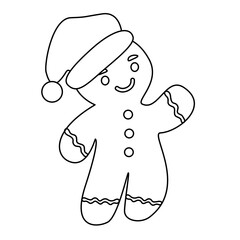 Cute gingerbread man cookie in Santa hat, doodle style flat vector outline for kids coloring book